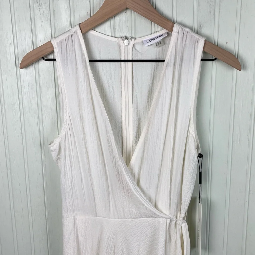 NEW Calvin Klein Gauze Mock-Wrap Jumpsuit White Size 6 Wide Leg Sleeveless Boho
